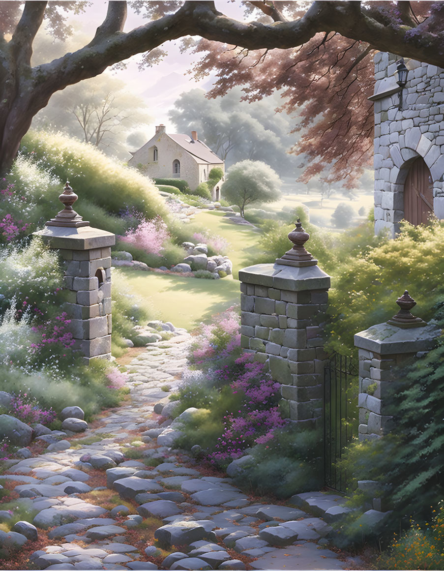 Tranquil countryside scene: cobblestone path, gate, flowering bushes, trees, quaint house