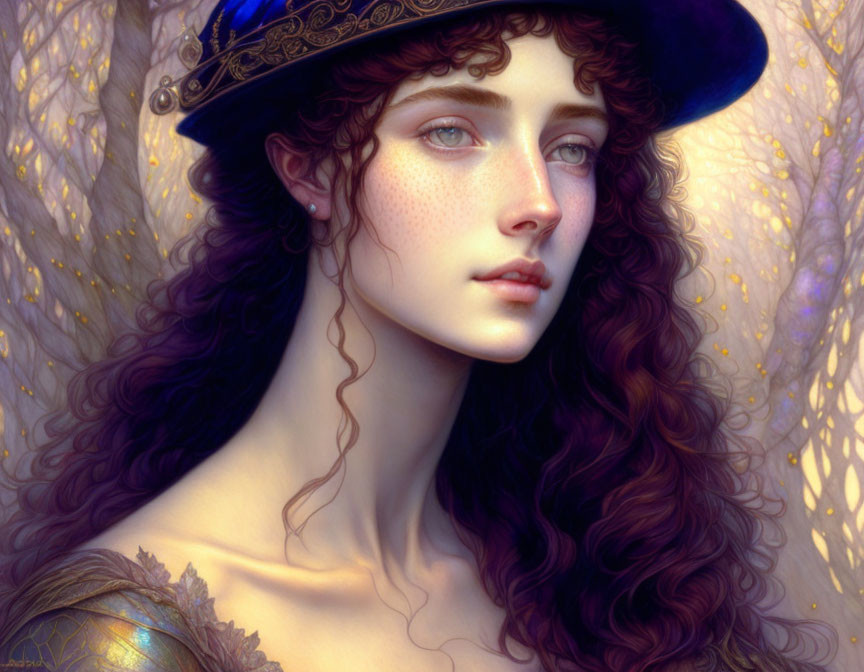 Portrait of woman with curly auburn hair, blue hat, freckles, golden leaves backdrop