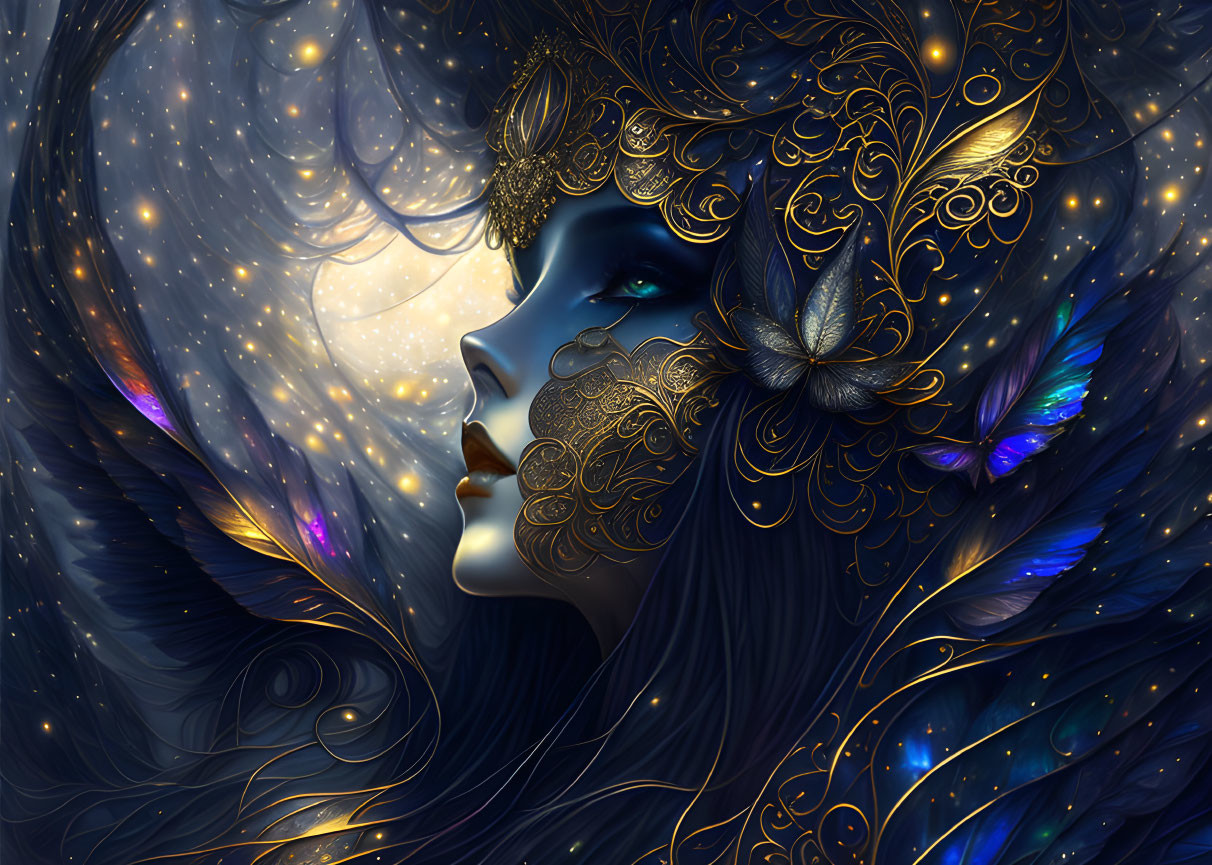 Fantasy illustration of woman with blue skin and ornate gold mask