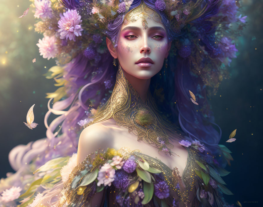 Fantastical female figure with purple floral adornments and butterflies on soft background