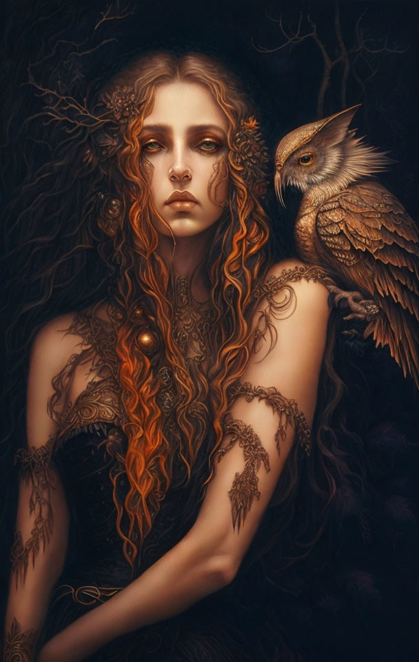 Auburn-haired woman with tattoos and owl against dark tree backdrop