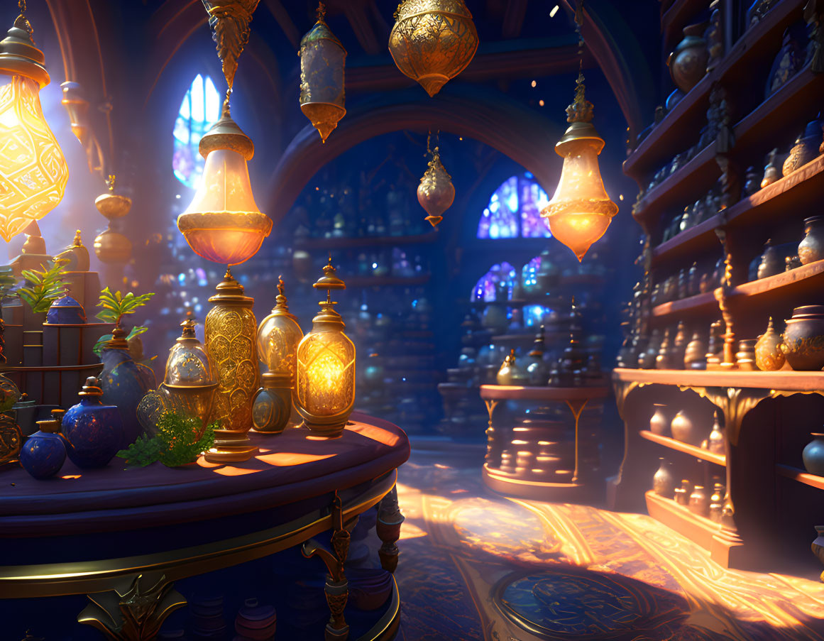 Mystical room with glowing lanterns and intricate decorations