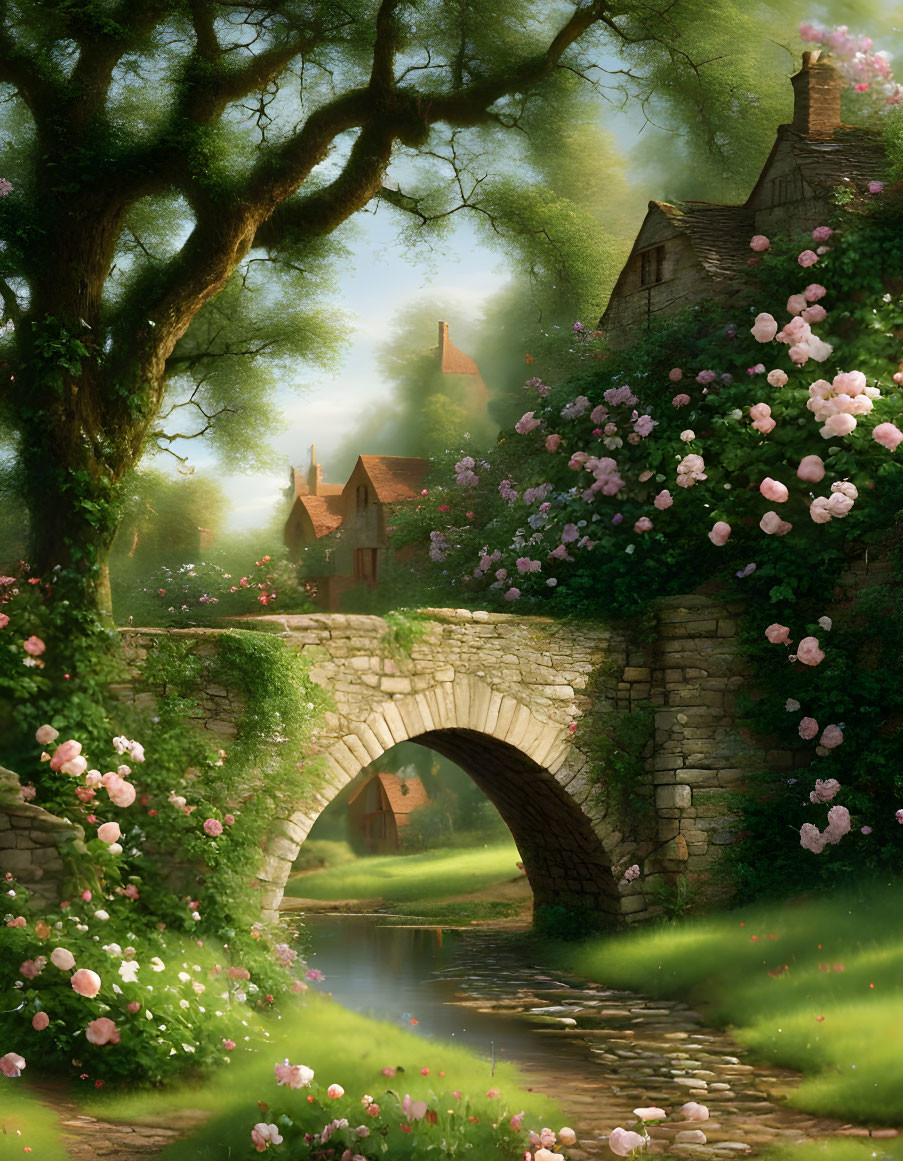 Stone bridge with pink flowers over tranquil stream by lush cottage