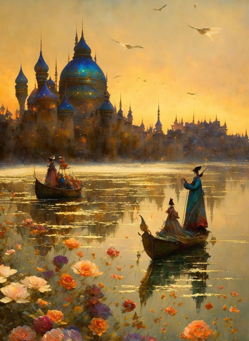 Tranquil river scene with boats, blooming flowers, ornate buildings, and warm sunset