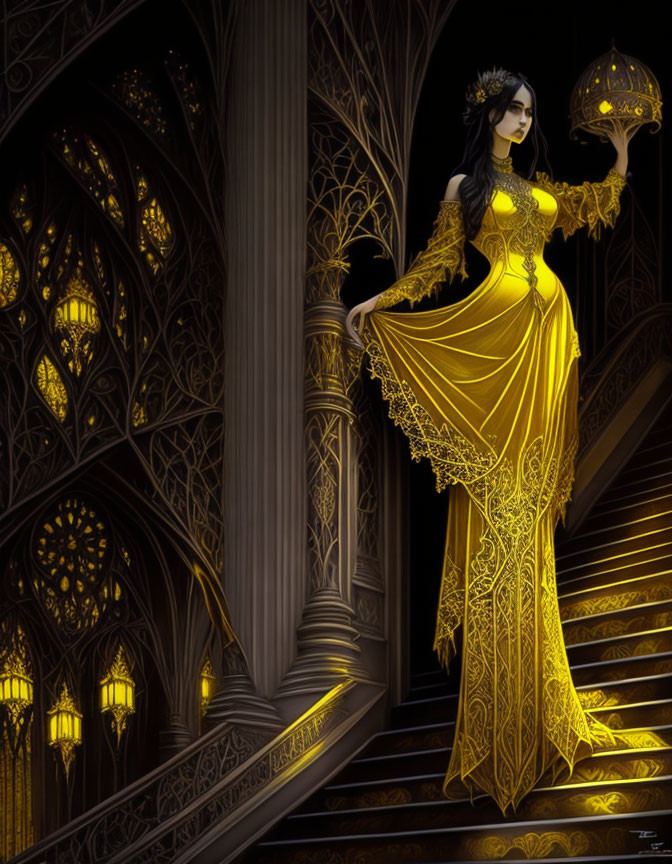 Detailed Yellow Gown Woman Holding Orb on Gothic Staircase