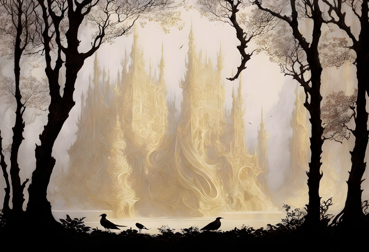 Majestic golden forest with intricate trees and birds in silhouette