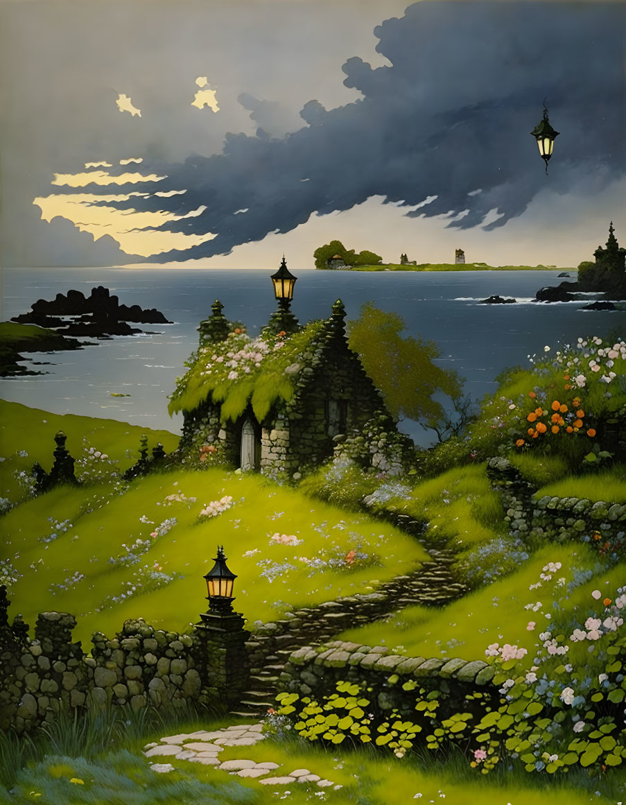 Scenic painting of old stone cottage by the sea at dusk