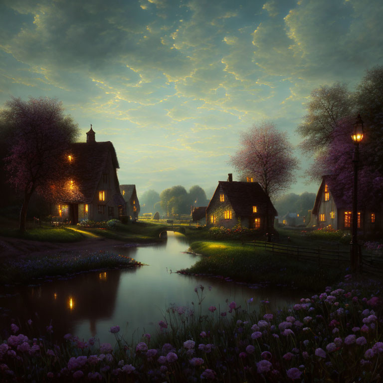 Village twilight scene with thatched cottages, glowing windows, reflective river