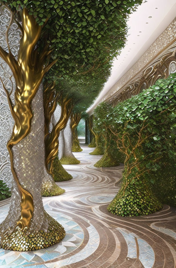 Luxury indoor corridor with golden tree sculptures and mosaic-tiled floor