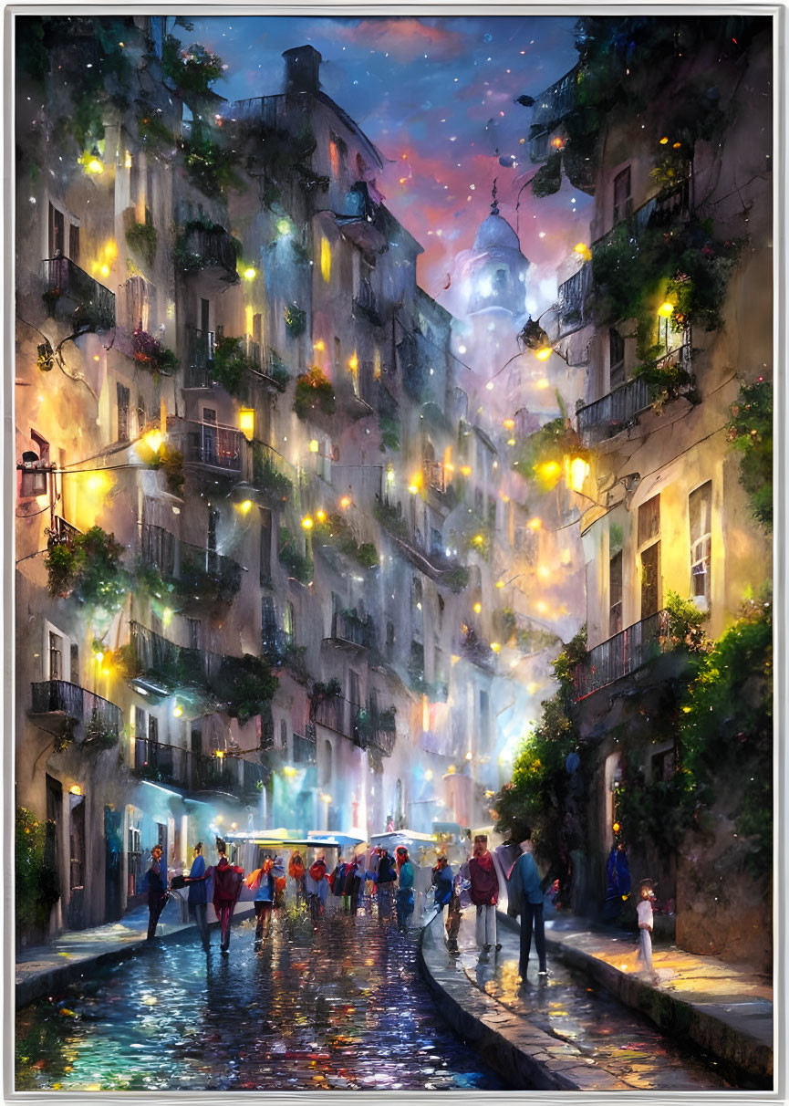 Vibrant Dusk Street Scene with Illuminated Buildings and Starry Sky