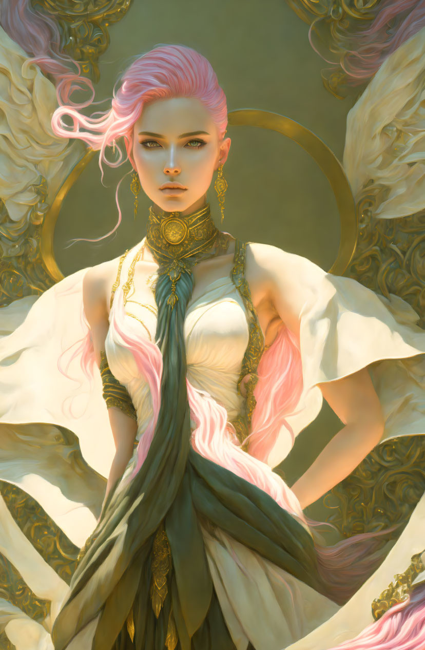 Fantasy character digital artwork with pink hair and golden jewelry