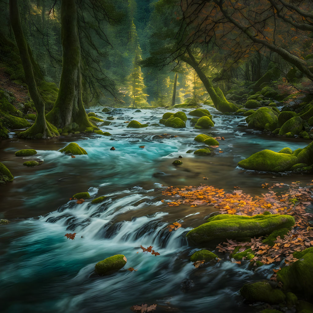 Tranquil forest stream with sunbeams, moss-covered rocks, and autumn leaves