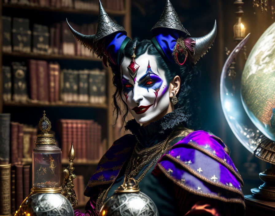 Elaborate fantasy makeup with horns and regal costume in library setting