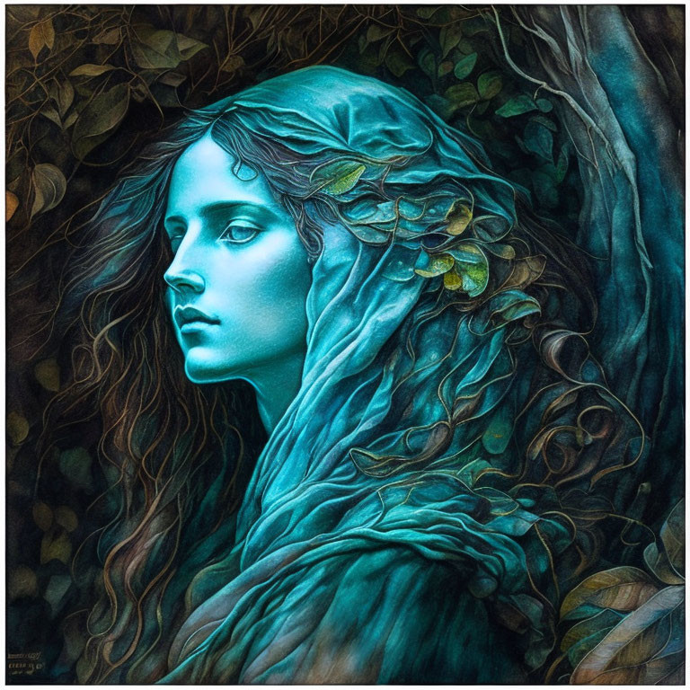 Surreal portrait of woman with flowing hair merging with leafy vines in greens and blues