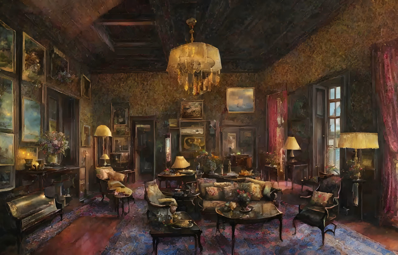 Vintage Room with Textured Walls, Antique Furniture, Chandelier, Paintings, and Warm Lighting