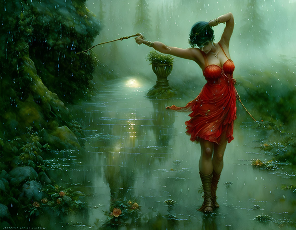 Woman in Red Dress with Blue Hair Holding Staff in Rainforest Stream