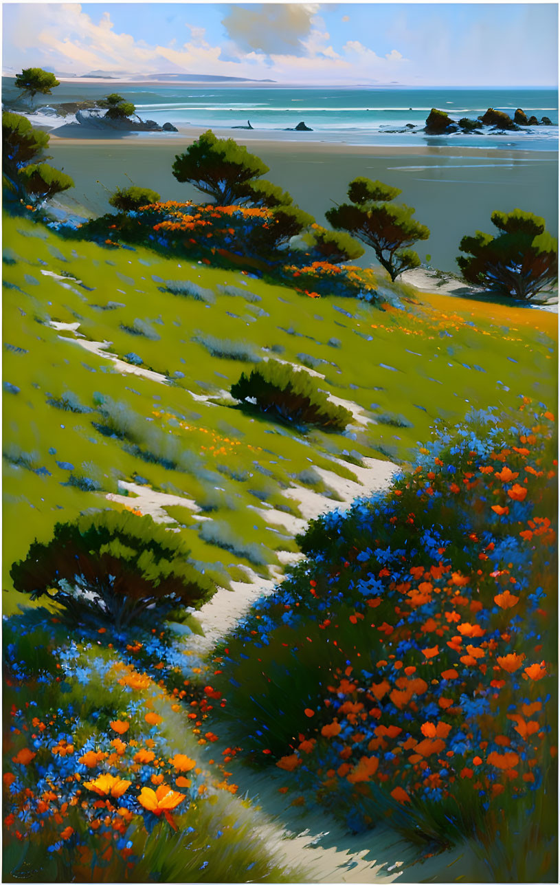 Colorful landscape painting: Path through wildflowers to beach with rocks