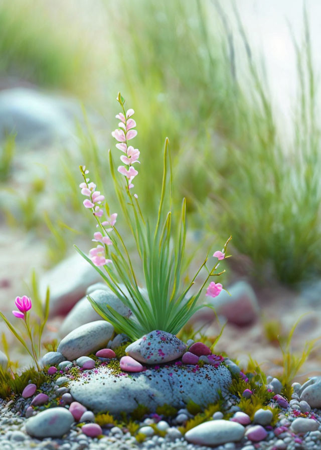 Colorful pink flowers, green grass, and pebbles on sandy ground