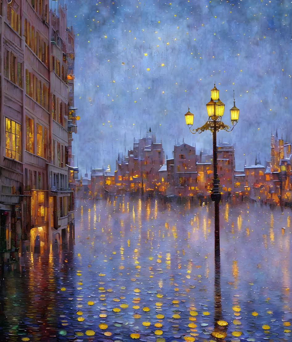 Impressionist-style painting of lamppost on wet street at twilight