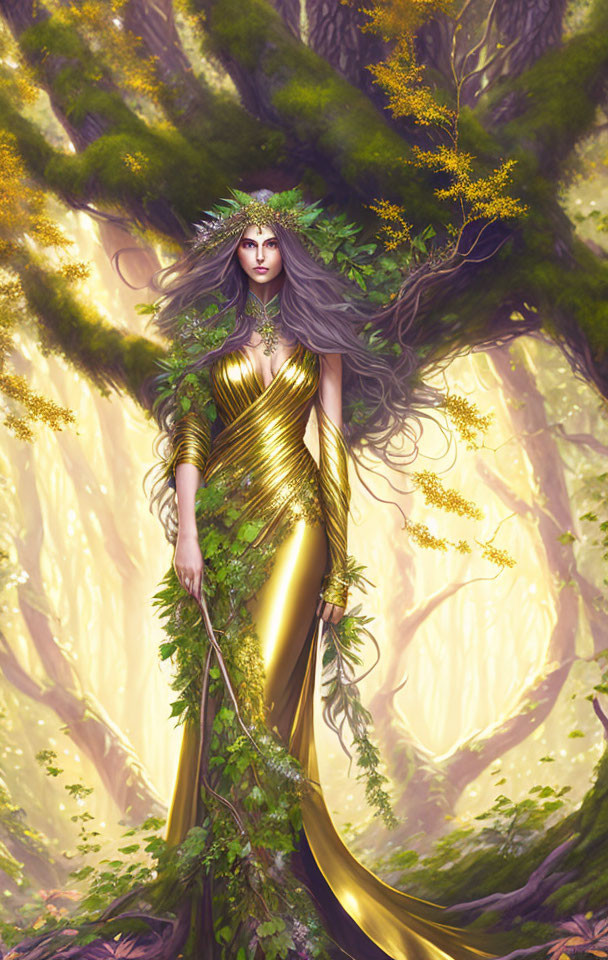 Regal fantasy character in golden robe and crown in enchanted woods