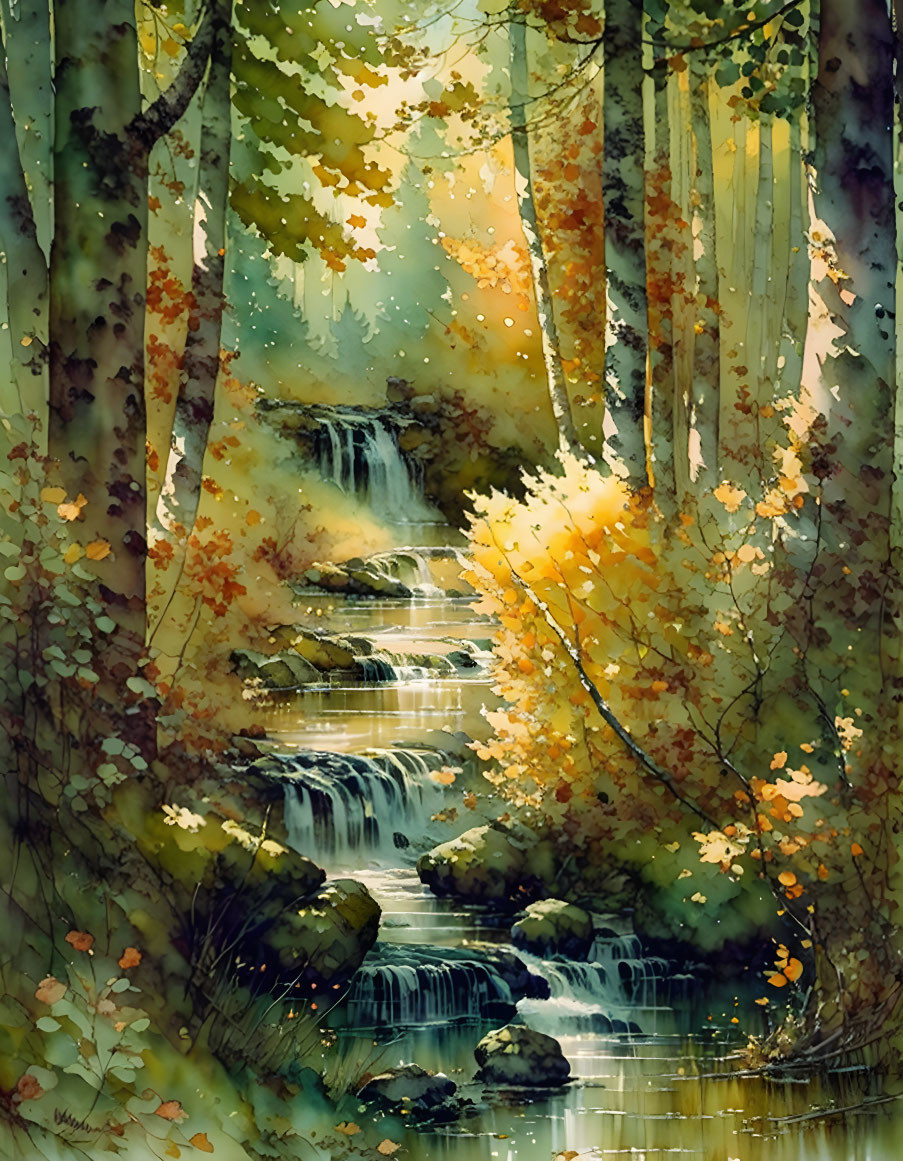 Tranquil autumn forest with cascading stream and golden foliage