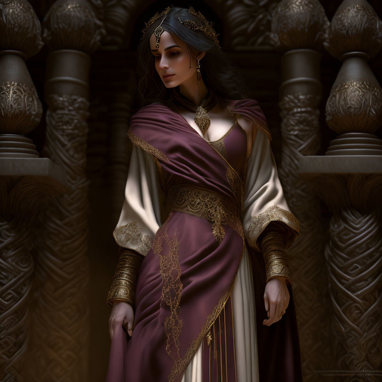 Regal woman in fantasy gown with diadem among stone pillars