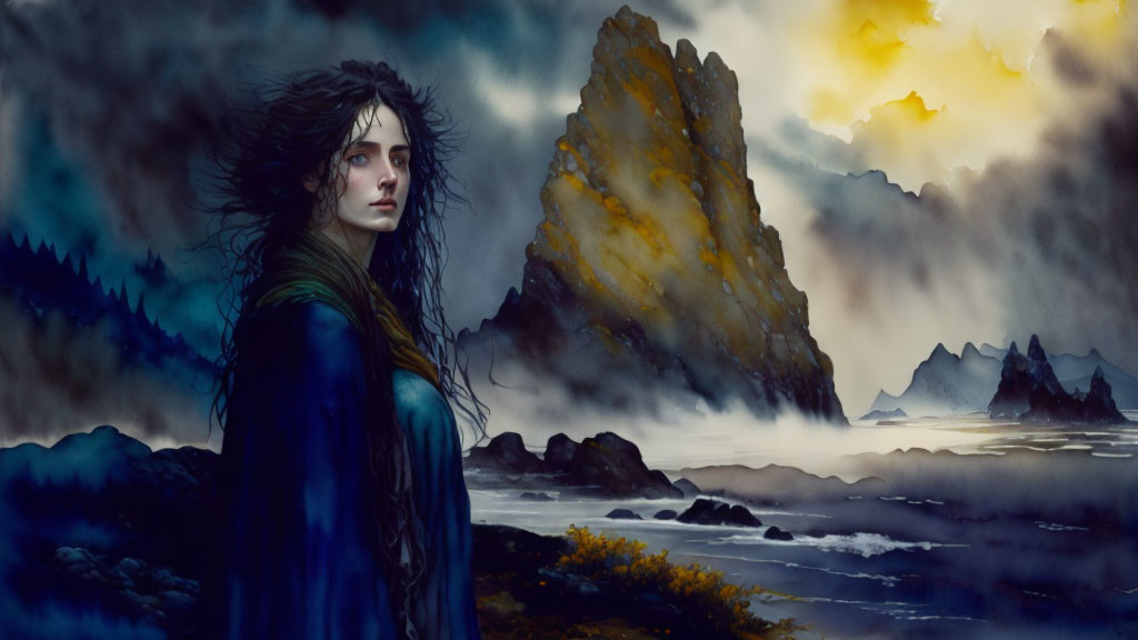 Wild-haired woman on misty coastline with stormy sky