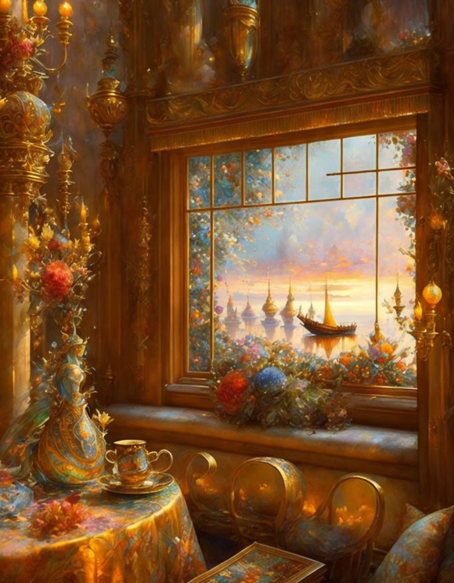 Sunset sea view room with floral decor and teacup