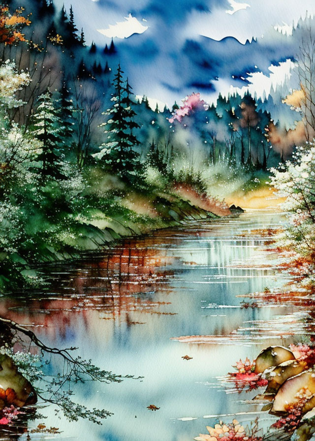 Tranquil watercolor painting: Forest, lake, mountains, colorful sky