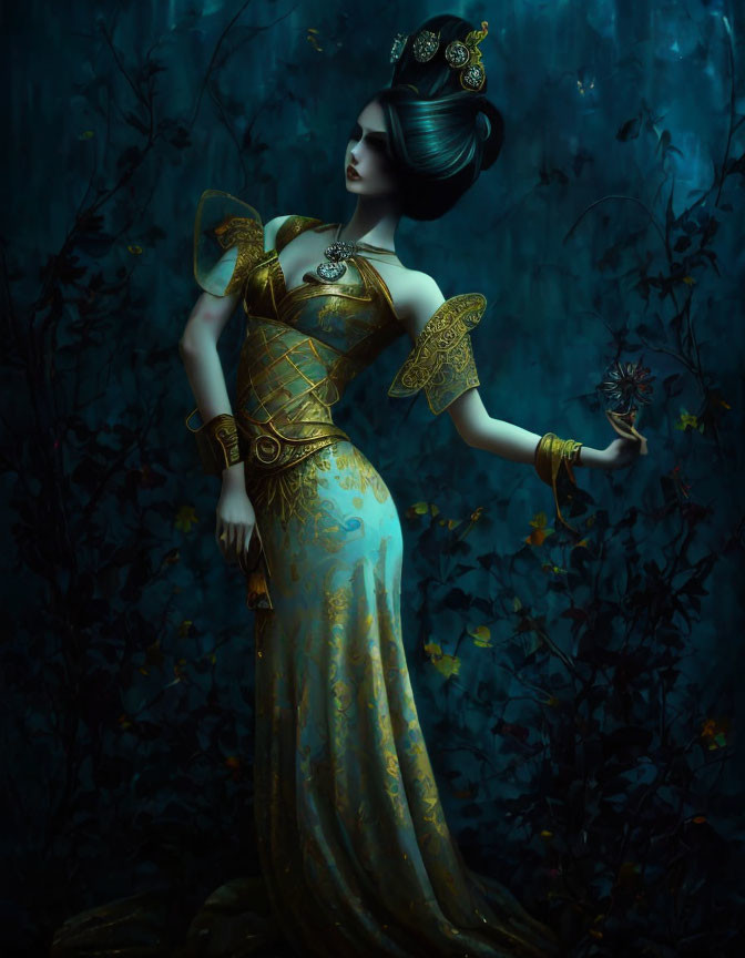 Woman in elegant golden dress with intricate designs in dark forest setting holding flower.