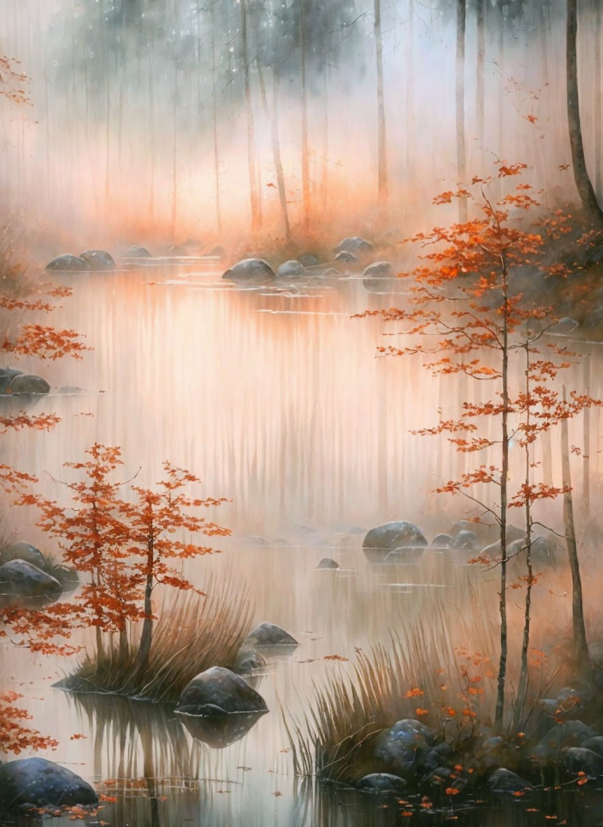 Tranquil autumn forest with misty lake and orange leaves