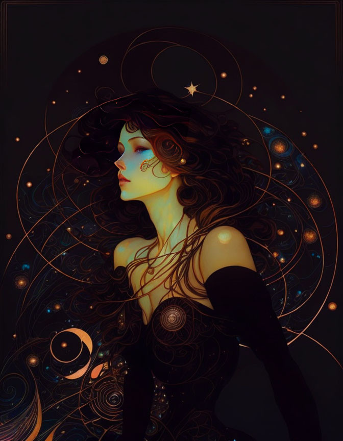 Dark-haired woman with cosmic adornments on starry background.