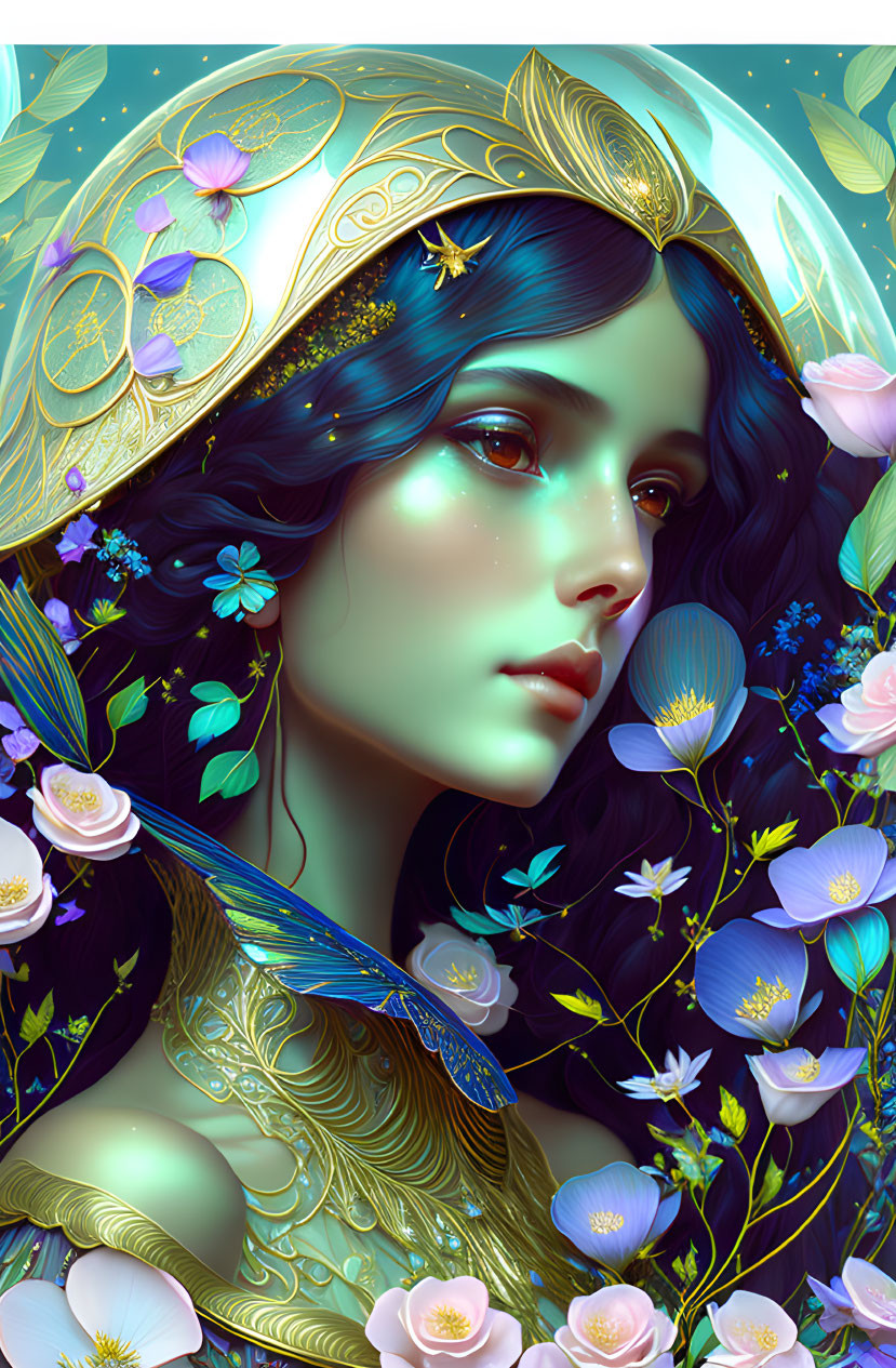 Detailed Illustration: Woman with Dark Hair and Ornate Golden Headgear Among Blue and Pink Flowers