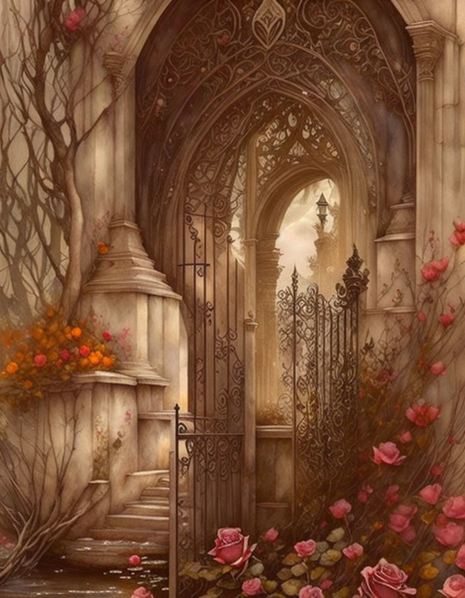 Intricate Gothic archway and gate with climbing roses in atmospheric garden.