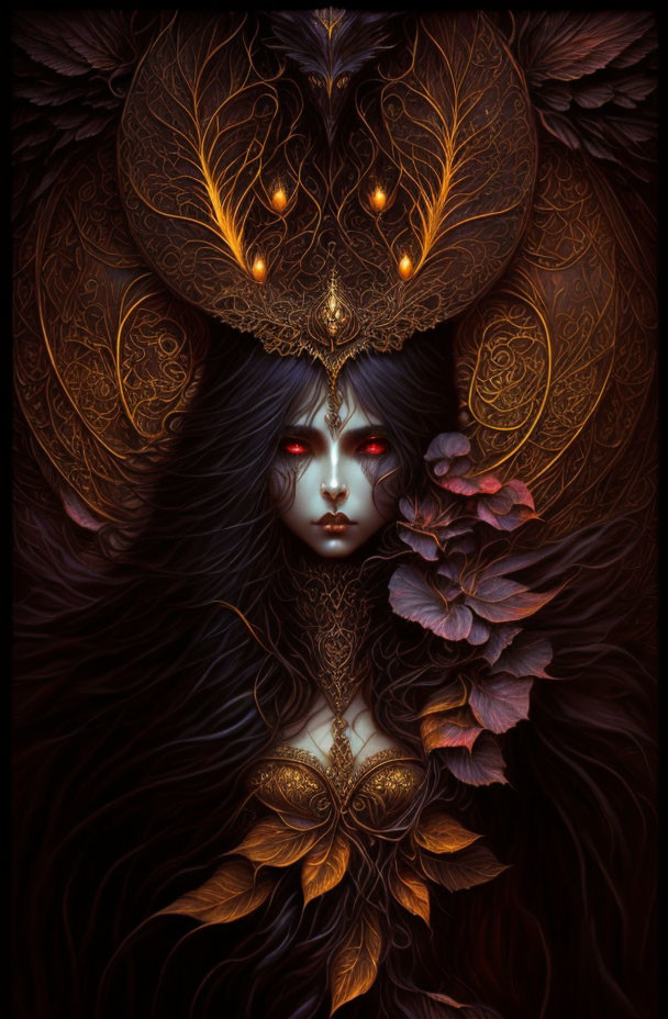 Intricate fantasy artwork of somber female with elaborate headdress