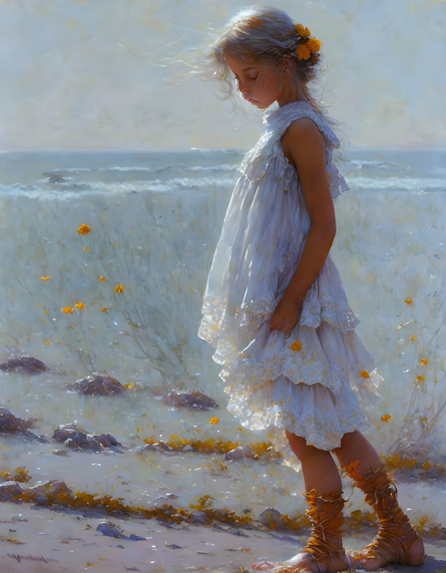 Young girl in white dress on beach with yellow flowers in hair