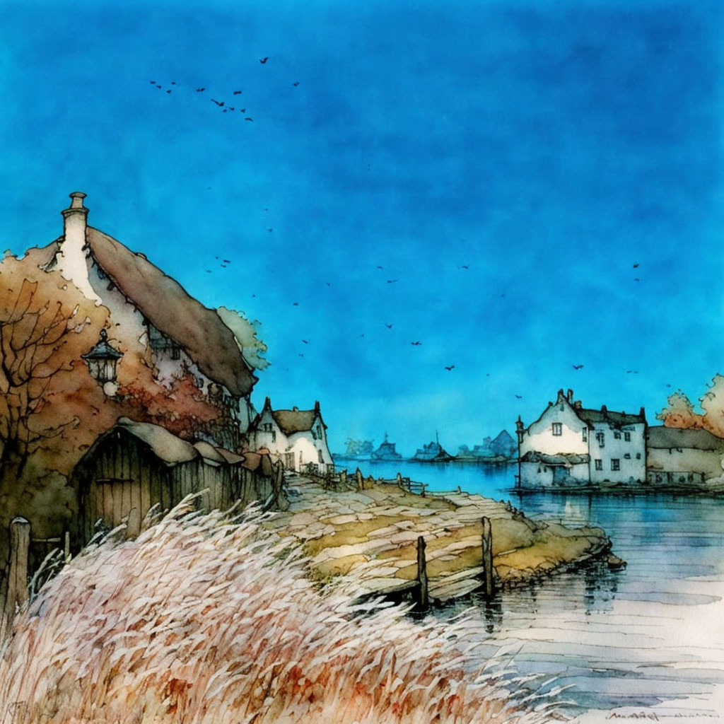 Tranquil watercolor painting of a village by a river