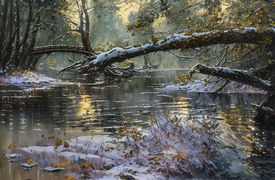 Snow-covered forest with fallen log over icy river in soft sunlight