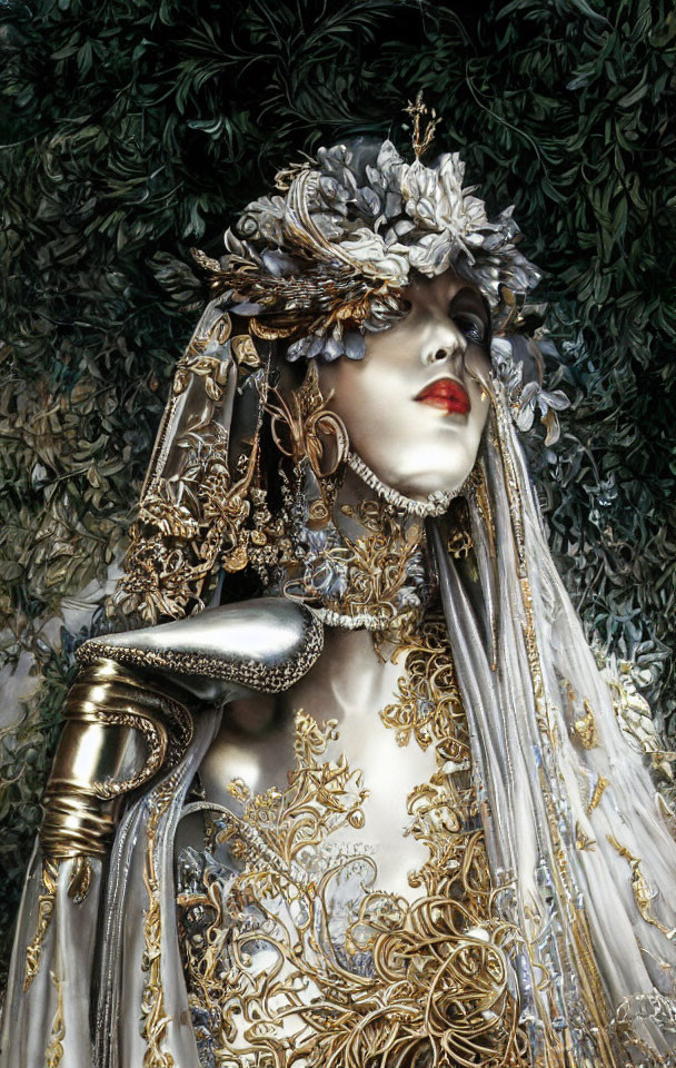 Mannequin with metallic floral headdress and gold embroidery on leafy backdrop