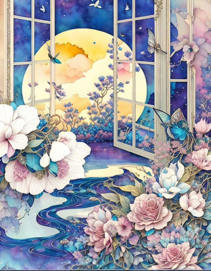 Illustration of Open Window with Starry Night Sky and Sunset Merge