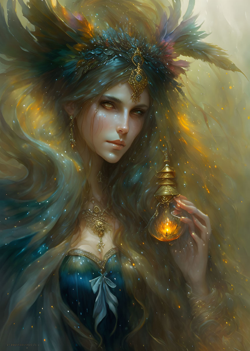 Mystical woman with feathered headdress holding lantern in golden light