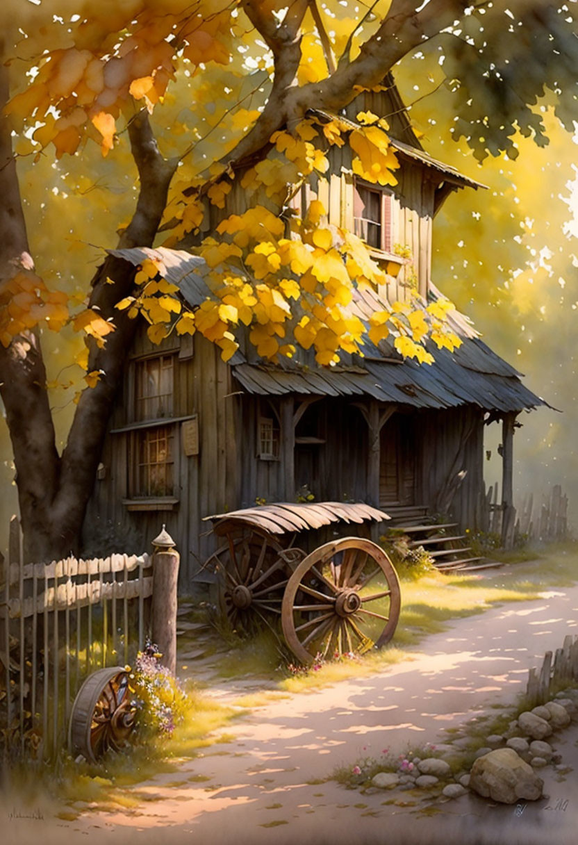 Rustic wooden treehouse in autumn setting with cart and fence