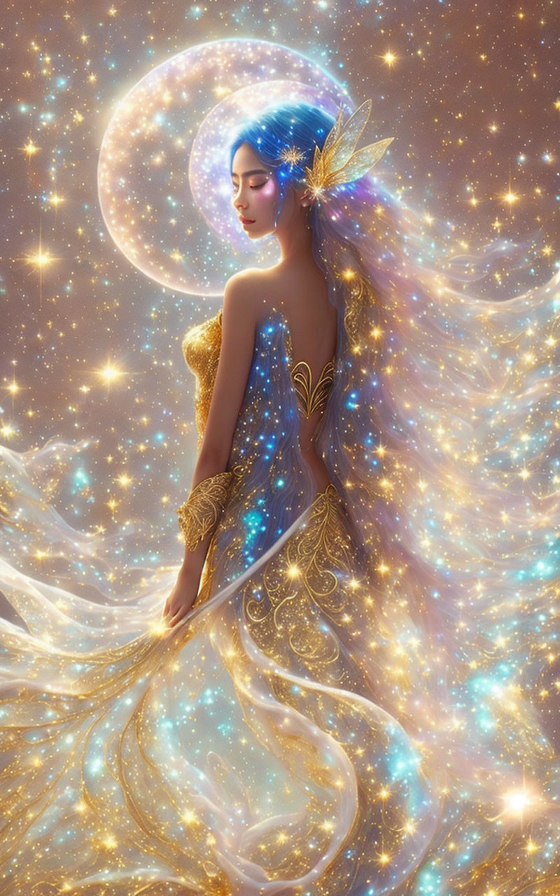 Ethereal woman with blue hair and wings in golden dress on moonlit background