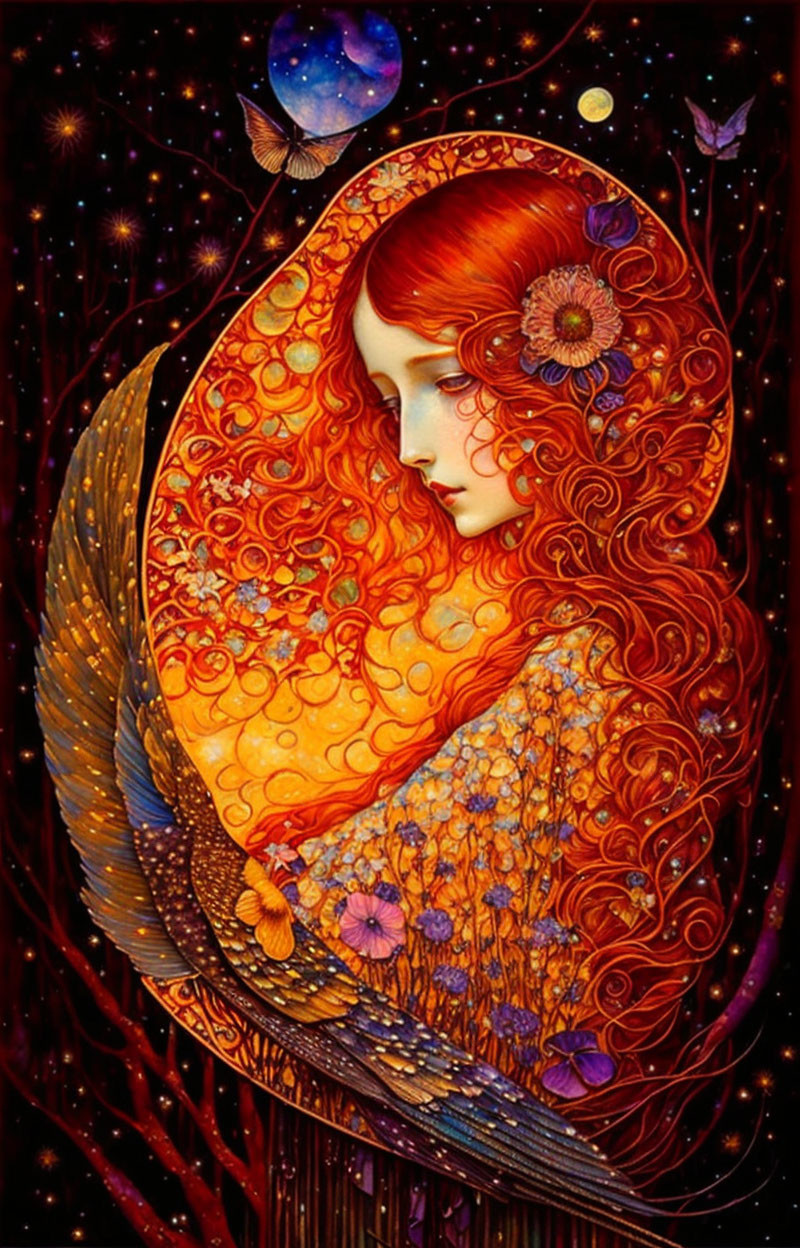 Vivid illustration of woman with red hair, flowers, golden shawl, starry celestial background