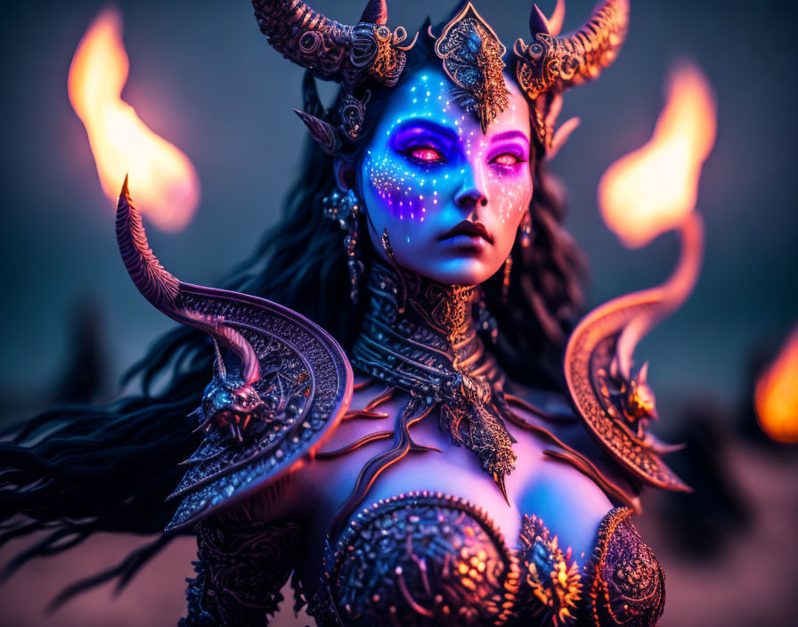 Blue-skinned mythical being with golden horns and fiery armor in fantasy aesthetic.