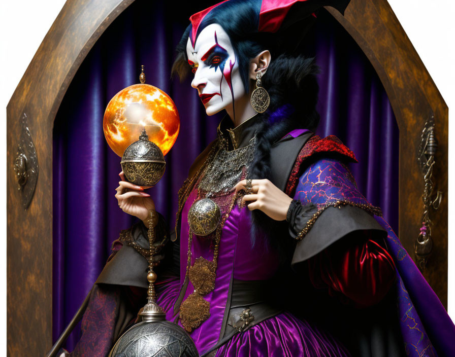 Elaborately dressed jester with glowing orb in mystical setting