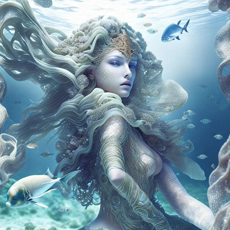 Mythical female entity with intricate headgear in underwater scene