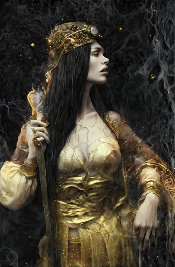 Woman in ornate golden attire with crown holding staff in mystical forest