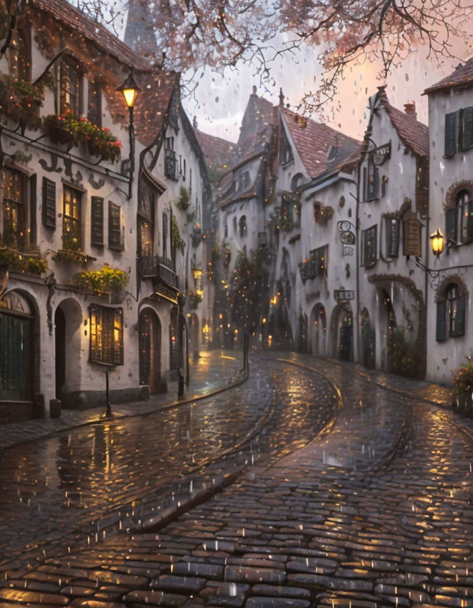 Vintage cobblestone street in old European town with glowing street lamps and gentle rain