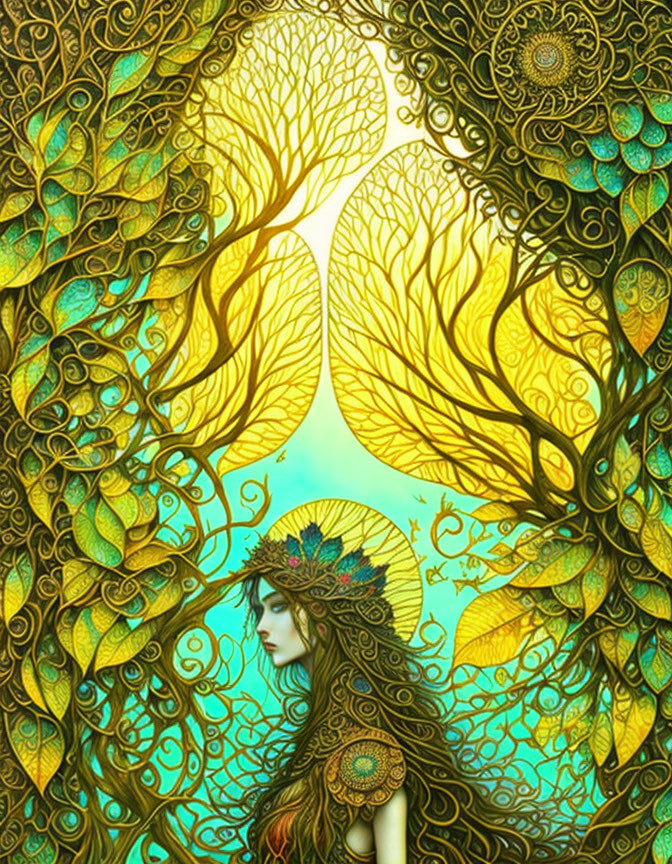 Profile of woman with feathered headdress merged with golden tree backdrop on teal sky.